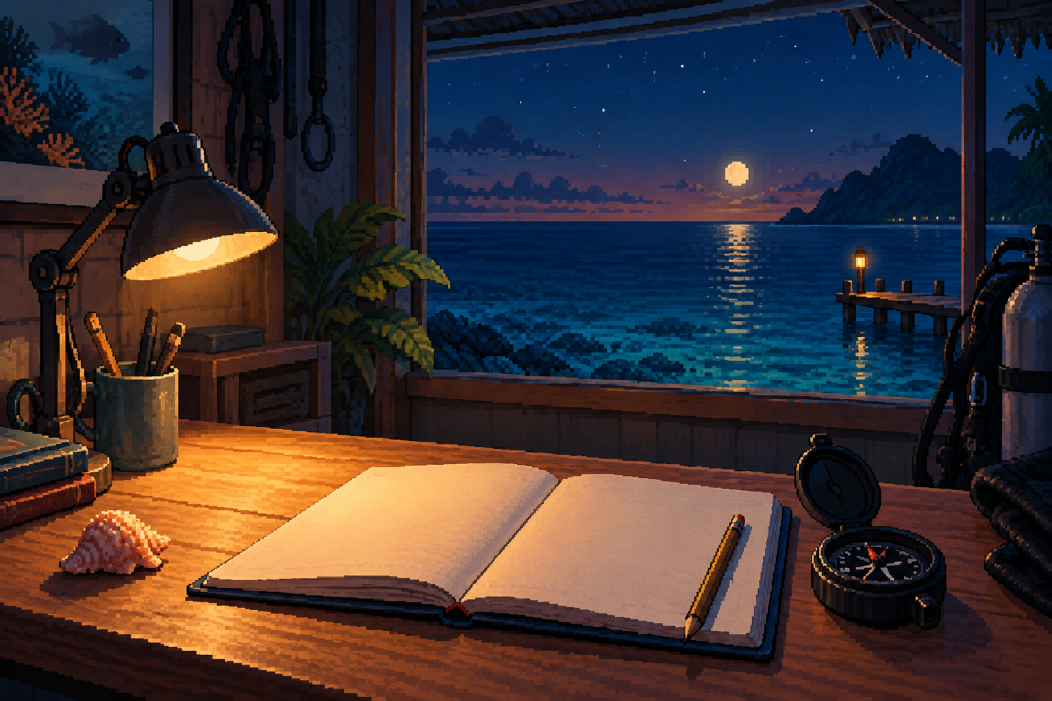 Cuaderno de bitácora abierto junto a una lámpara con el mar al fondo.