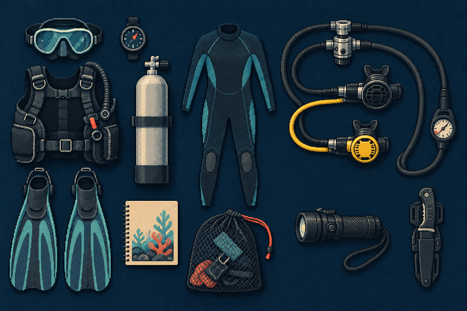 Equipo de buceo genérico colocado de manera ordenada.