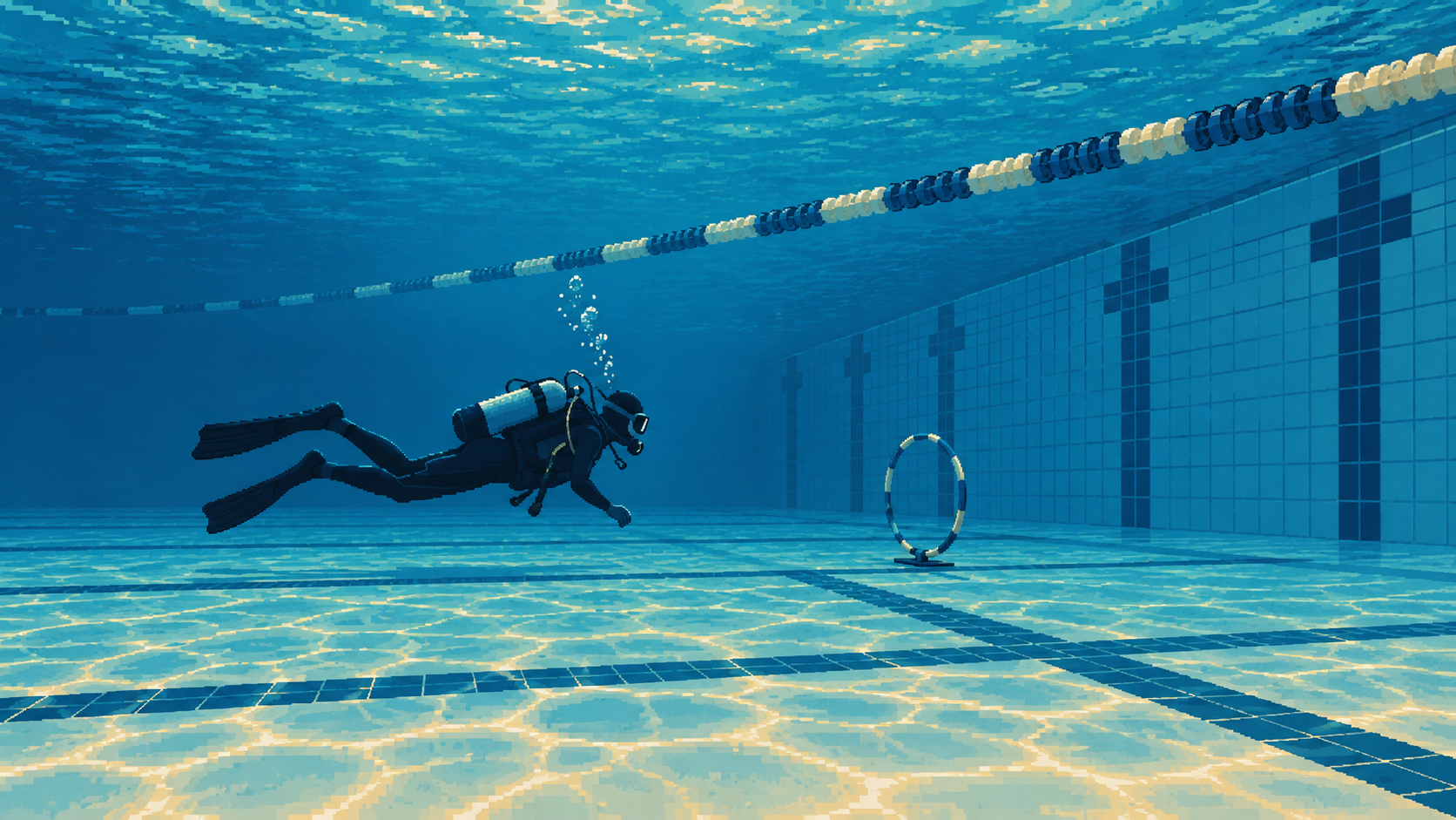 Práctica tranquila de una persona buceando en una piscina.