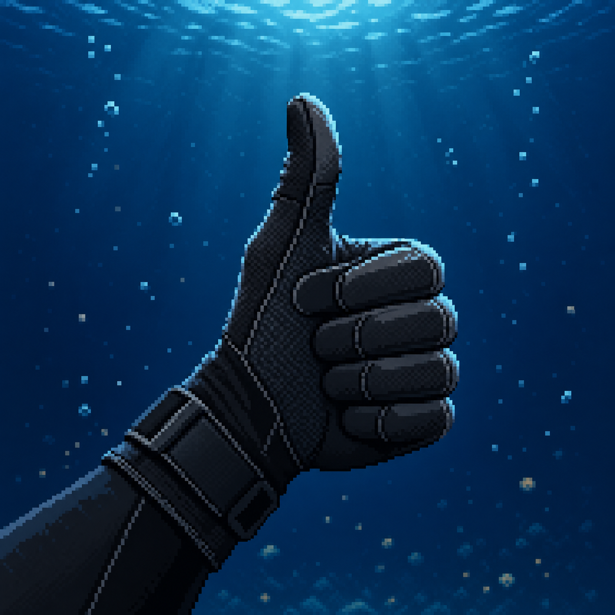 Mano enguantada con pulgar hacia arriba para señalar ascender.