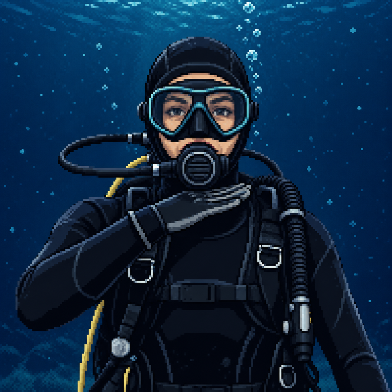 Buceador haciendo gesto de mano en la garganta para señalar falta de aire.